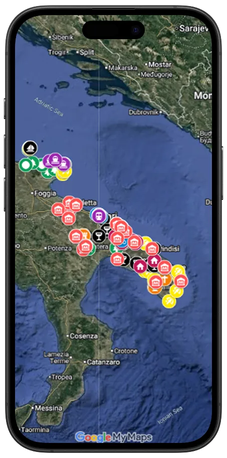 Apulijos žemėlapis telefone su pažymėtomis lankytinomis vietomis